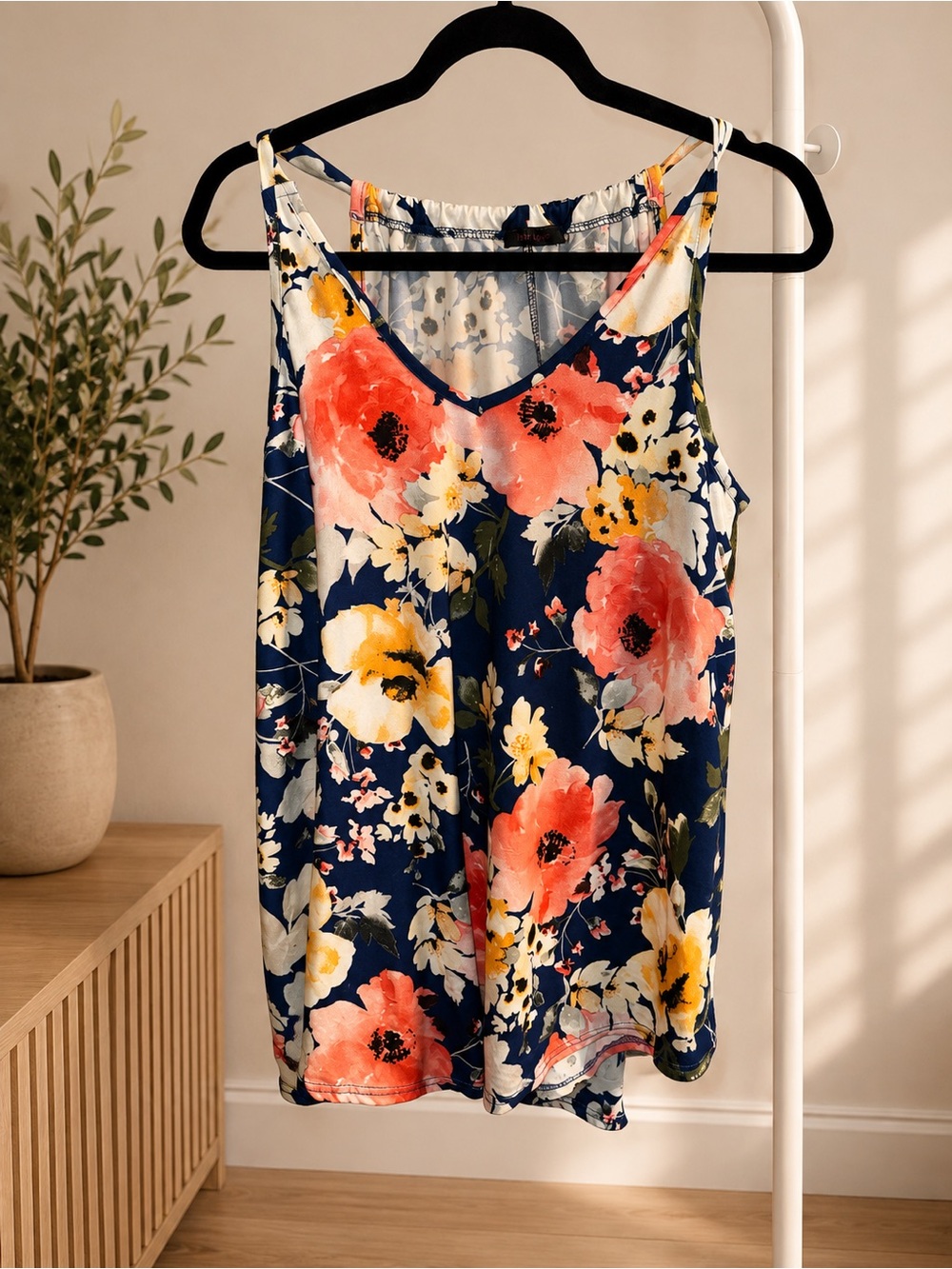 Floral V-Neck Navy Sleeveless Tank Top